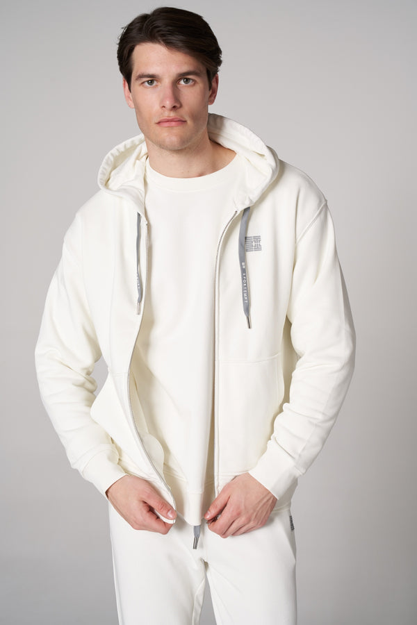 Organik Pamuklu Baskılı Erkek Oversize Fermuarlı Hoodie - Beyaz