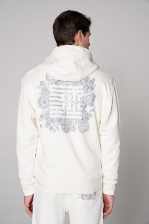 Organik Pamuklu Baskılı Erkek Oversize Fermuarlı Hoodie - Beyaz