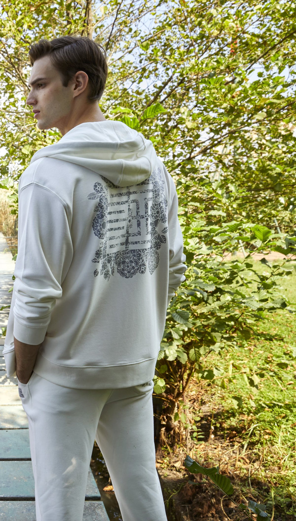 Organik Pamuklu Baskılı Erkek Oversize Fermuarlı Hoodie - Beyaz