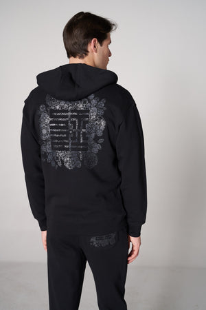 Organik Pamuklu Baskılı Erkek Oversize Fermuarlı Hoodie - Siyah