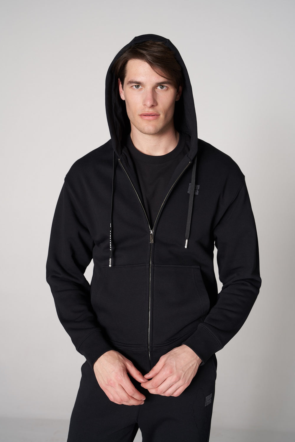 Organik Pamuklu Baskılı Erkek Oversize Fermuarlı Hoodie - Siyah