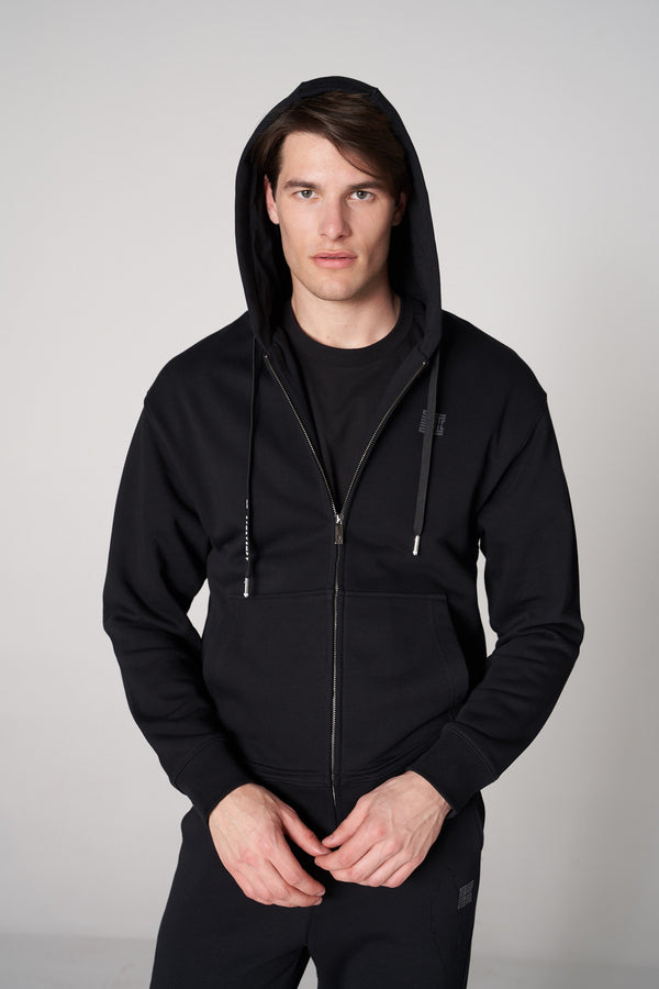 Organik Pamuklu Baskılı Erkek Oversize Fermuarlı Hoodie - Siyah