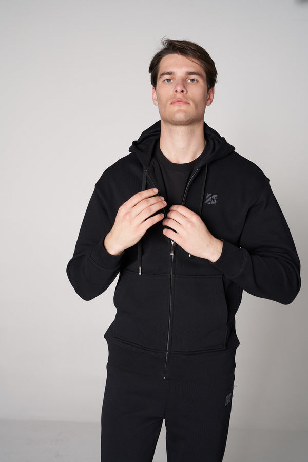 Organik Pamuklu Baskılı Erkek Oversize Fermuarlı Hoodie - Siyah