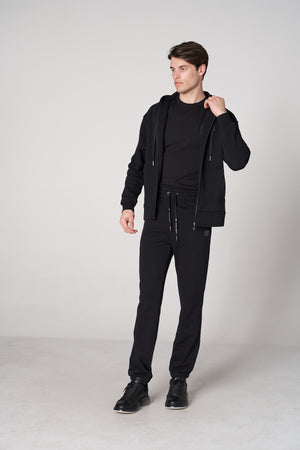 Organik Pamuklu Baskılı Erkek Oversize Fermuarlı Hoodie - Siyah