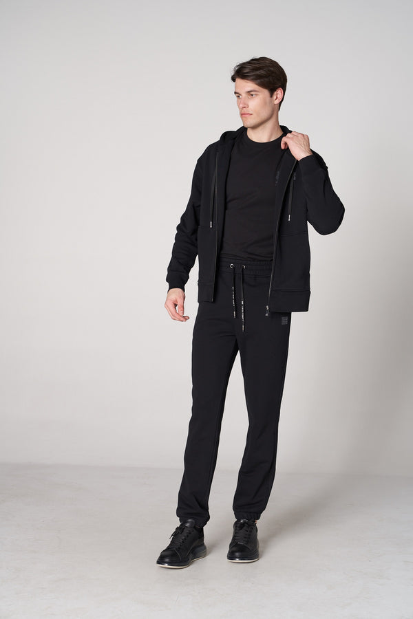 Organik Pamuklu Baskılı Erkek Oversize Fermuarlı Hoodie - Siyah