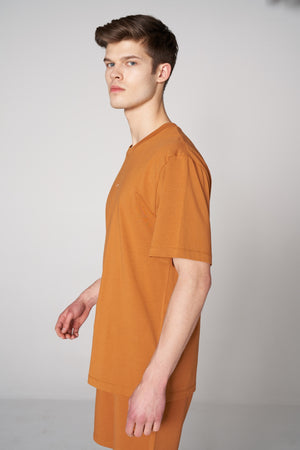 Organik Pamuklu Erkek Bisiklet Yaka Oversize T-shirt - Hardal