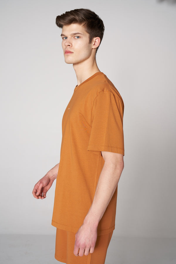 Organik Pamuklu Erkek Bisiklet Yaka Oversize T-shirt - Hardal