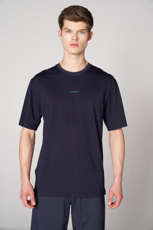 Organik Pamuklu Erkek Bisiklet Yaka Oversize T-shirt - Lacivert