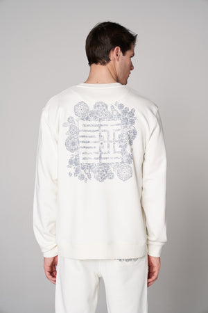 Organik Pamuklu Oversize Baskılı Erkek Bisiklet Yaka Sweatshirt - Beyaz