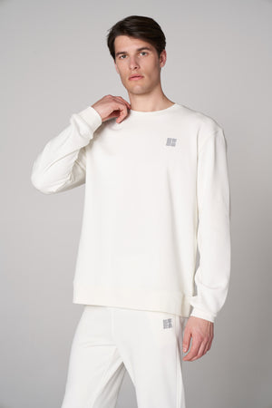 Organik Pamuklu Oversize Baskılı Erkek Bisiklet Yaka Sweatshirt - Beyaz