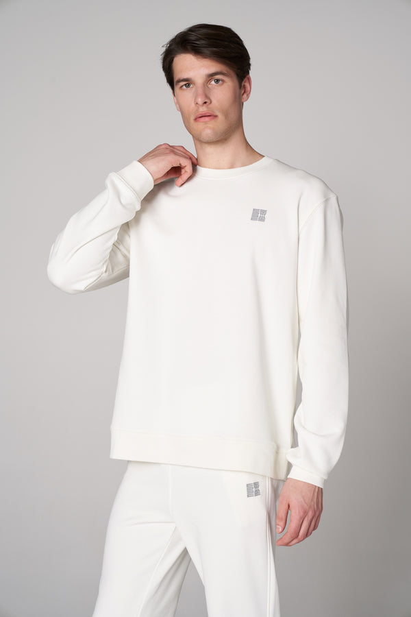 Organik Pamuklu Oversize Baskılı Erkek Bisiklet Yaka Sweatshirt - Beyaz