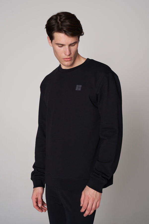 Organik Pamuklu Oversize Baskılı Erkek Bisiklet Yaka Sweatshirt - Siyah