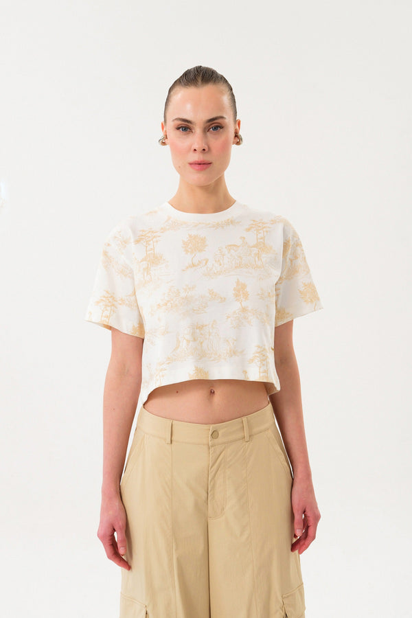 Pastoral Desen Baskılı Kadın Bisiklet Yaka Crop T-shirt - Ekru