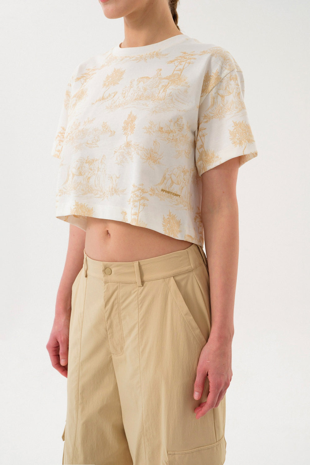 Pastoral Desen Baskılı Kadın Bisiklet Yaka Crop T-shirt - Ekru