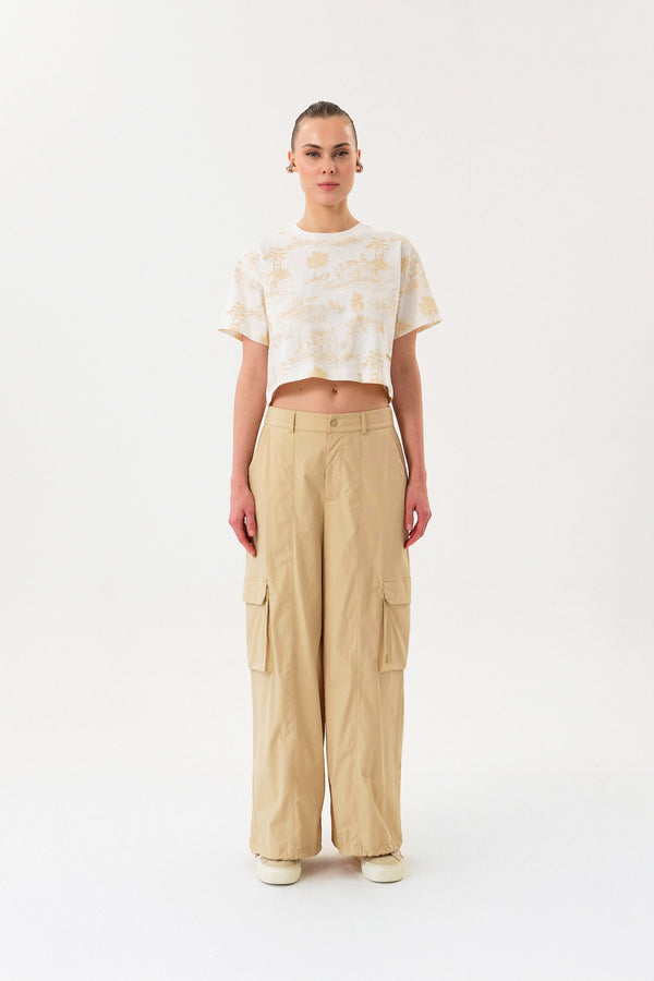 Pastoral Desen Baskılı Kadın Bisiklet Yaka Crop T-shirt - Ekru