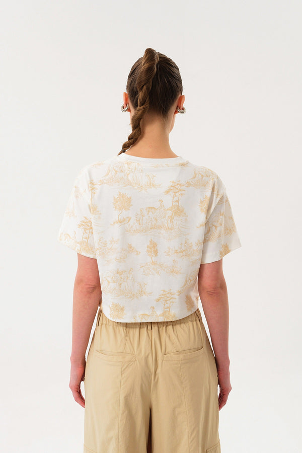 Pastoral Desen Baskılı Kadın Bisiklet Yaka Crop T-shirt - Ekru