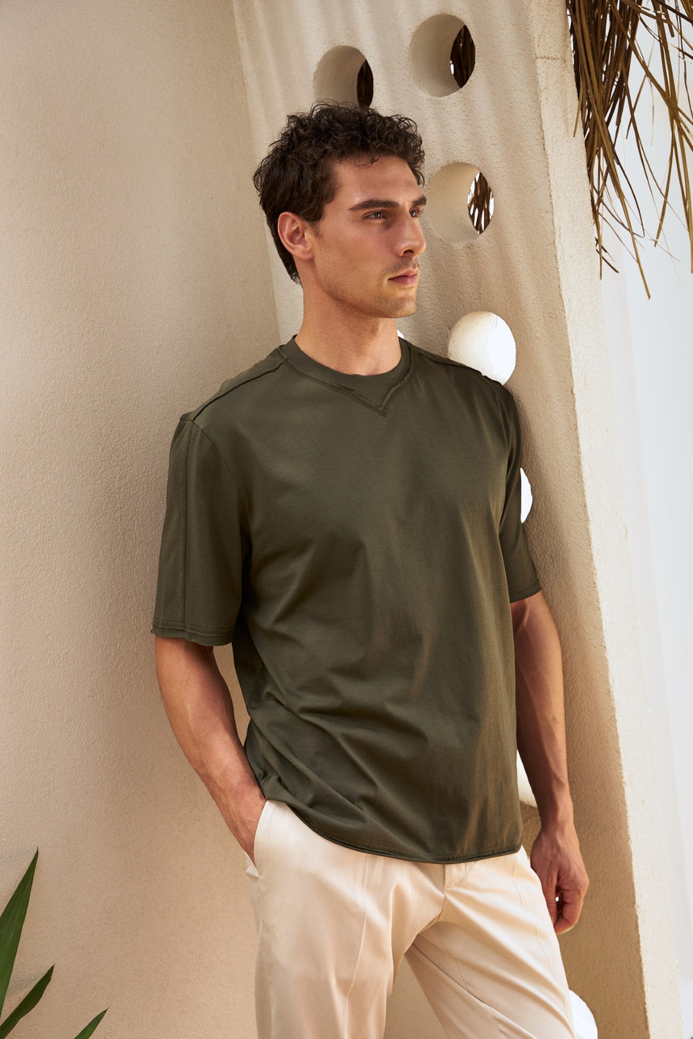 Pis Dikişli Erkek Oversize Bisiklet Yaka T-shirt - Haki