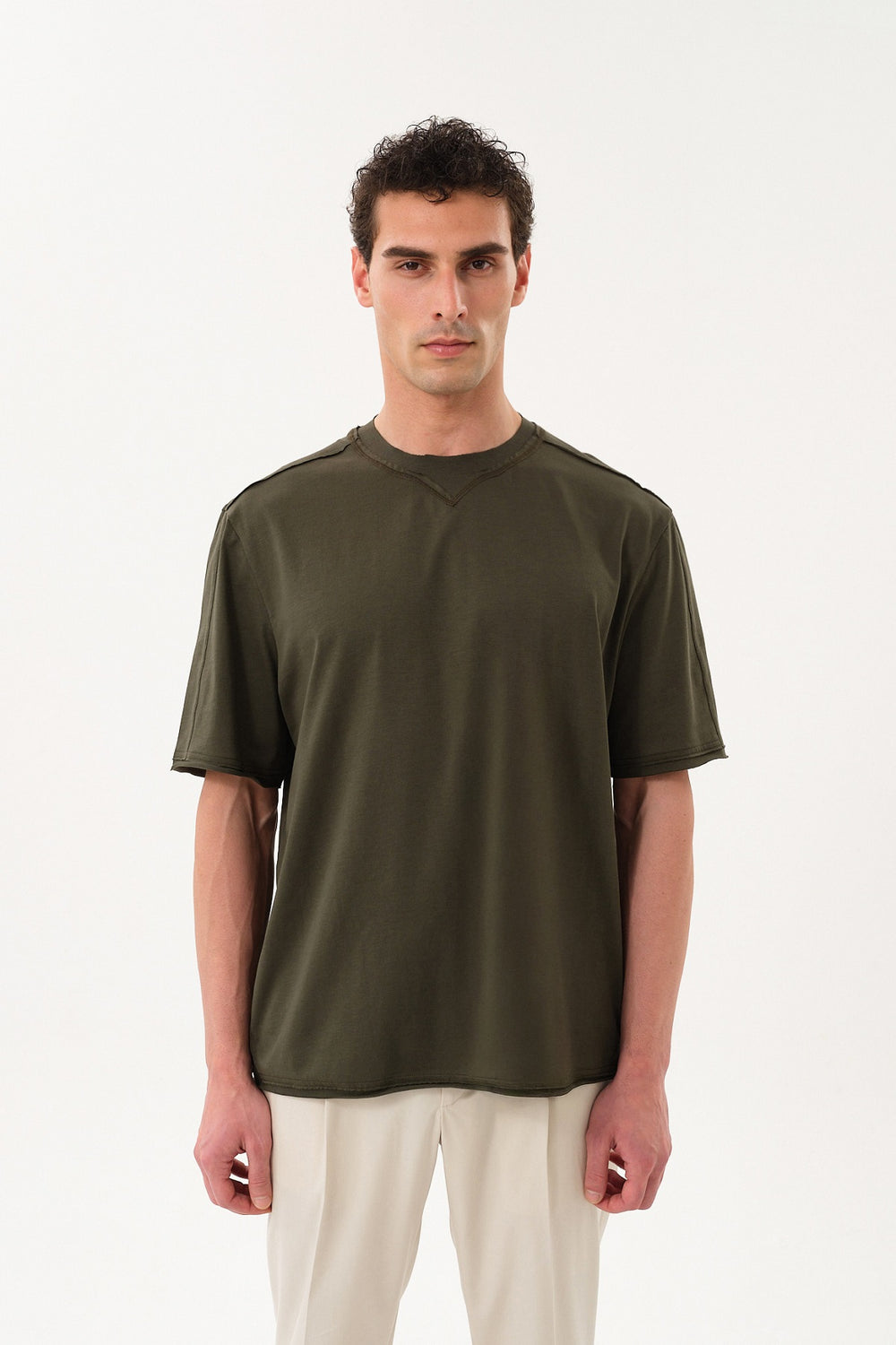 Pis Dikişli Erkek Oversize Bisiklet Yaka T-shirt - Haki