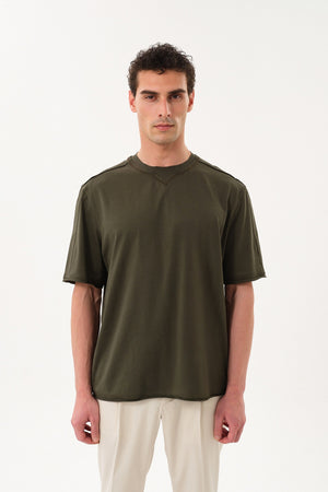 Pis Dikişli Erkek Oversize Bisiklet Yaka T-shirt - Haki