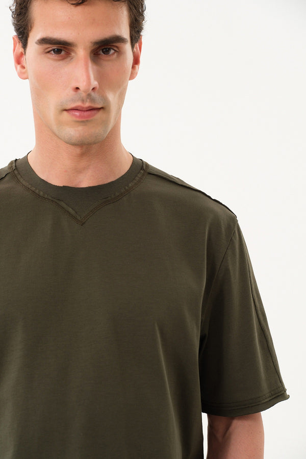 Pis Dikişli Erkek Oversize Bisiklet Yaka T-shirt - Haki