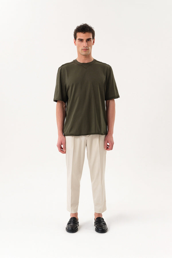 Pis Dikişli Erkek Oversize Bisiklet Yaka T-shirt - Haki