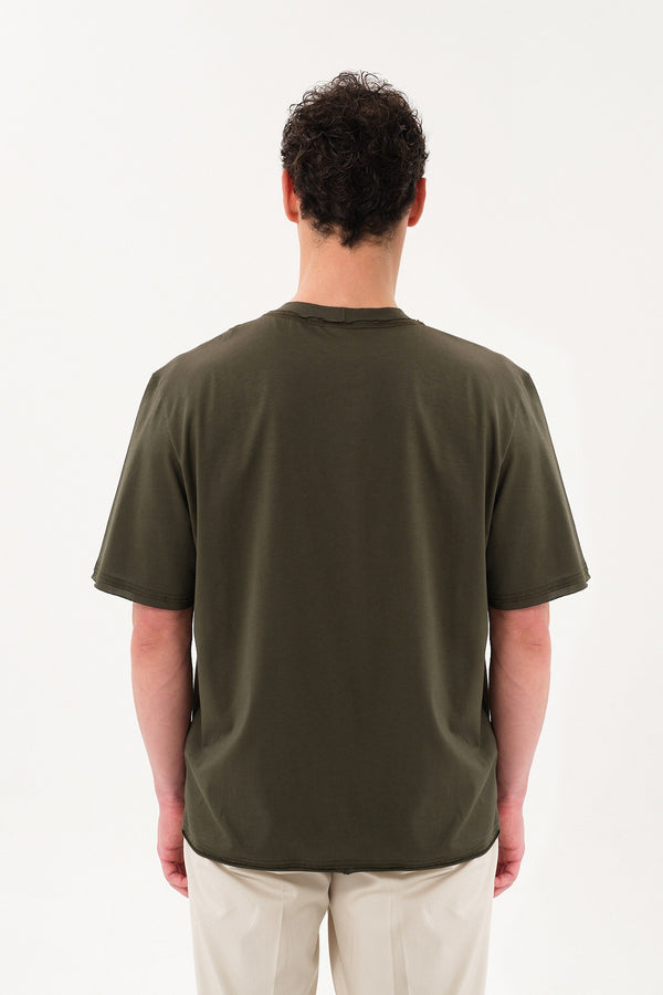 Pis Dikişli Erkek Oversize Bisiklet Yaka T-shirt - Haki