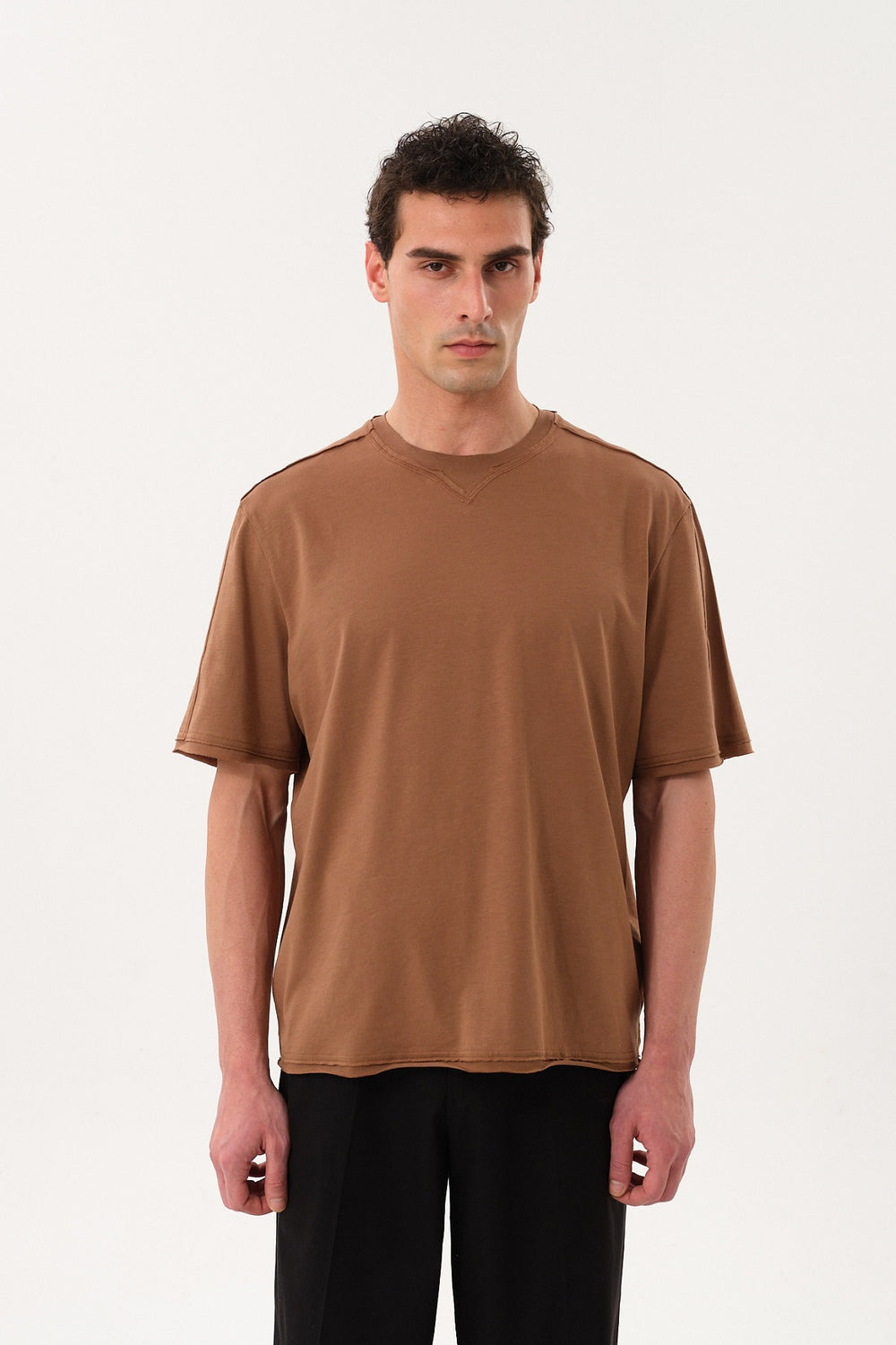 Pis Dikişli Erkek Oversize Bisiklet Yaka T-shirt - Kahverengi