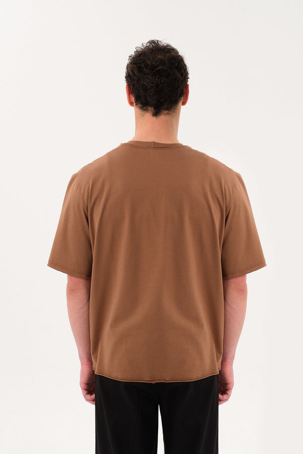Pis Dikişli Erkek Oversize Bisiklet Yaka T-shirt - Kahverengi