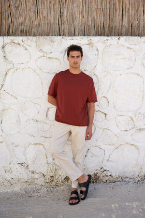 Pis Dikişli Erkek Oversize Bisiklet Yaka T-shirt - Kiremit
