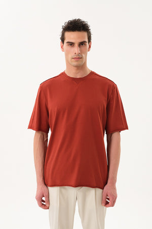 Pis Dikişli Erkek Oversize Bisiklet Yaka T-shirt - Kiremit