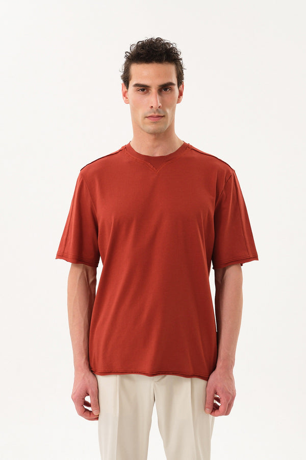 Pis Dikişli Erkek Oversize Bisiklet Yaka T-shirt - Kiremit