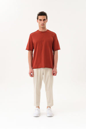 Pis Dikişli Erkek Oversize Bisiklet Yaka T-shirt - Kiremit