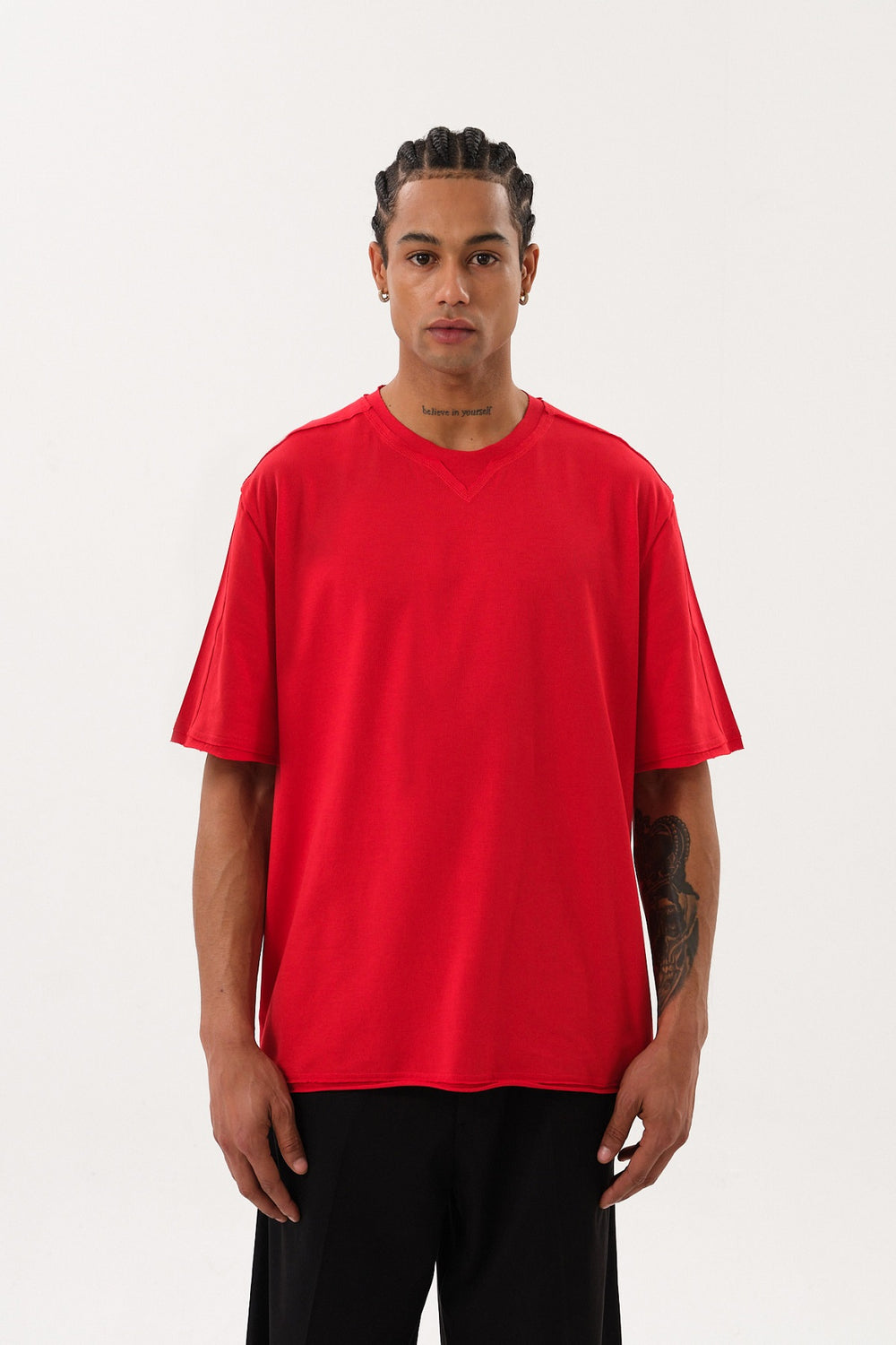 Pis Dikişli Erkek Oversize Bisiklet Yaka T-shirt - Kırmızı
