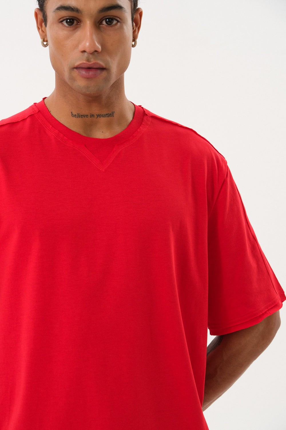 Pis Dikişli Erkek Oversize Bisiklet Yaka T-shirt - Kırmızı
