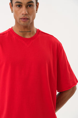 Pis Dikişli Erkek Oversize Bisiklet Yaka T-shirt - Kırmızı