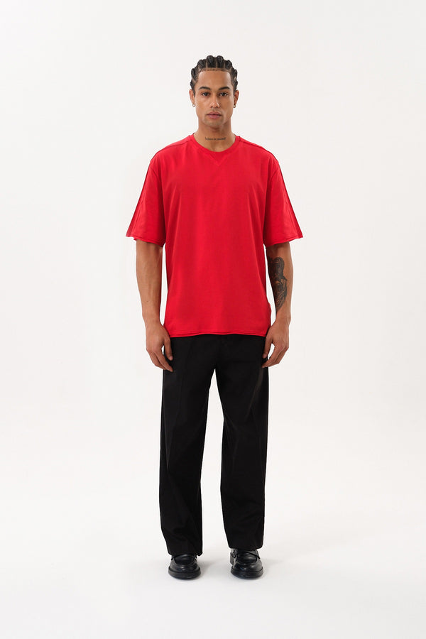 Pis Dikişli Erkek Oversize Bisiklet Yaka T-shirt - Kırmızı