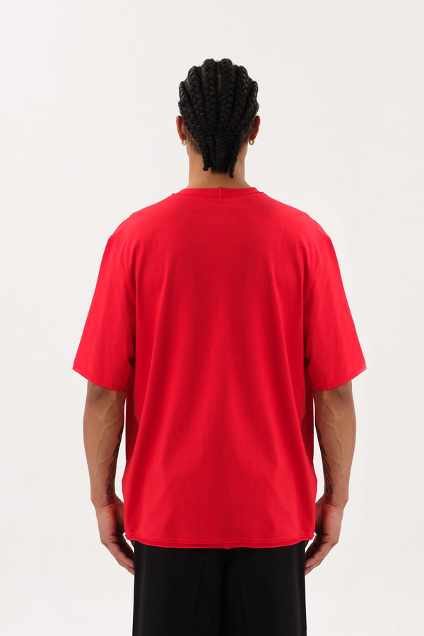 Pis Dikişli Erkek Oversize Bisiklet Yaka T-shirt - Kırmızı