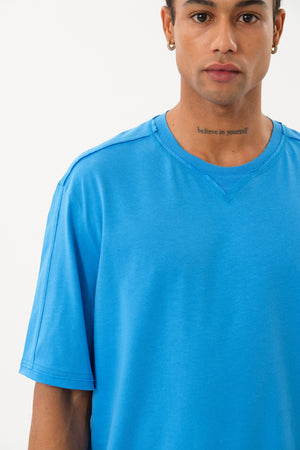 Pis Dikişli Erkek Oversize Bisiklet Yaka T-shirt - Mavi