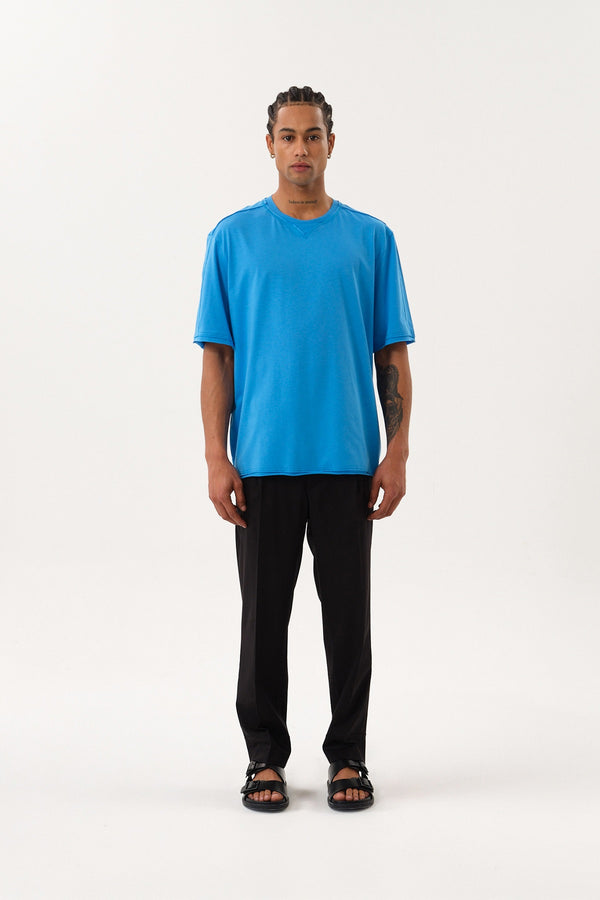 Pis Dikişli Erkek Oversize Bisiklet Yaka T-shirt - Mavi