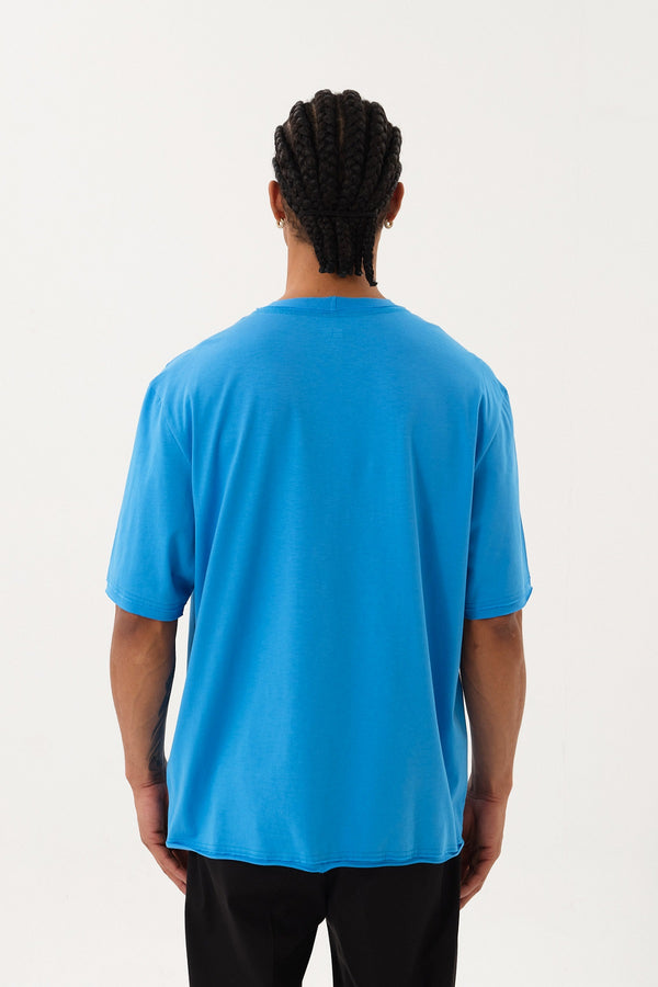 Pis Dikişli Erkek Oversize Bisiklet Yaka T-shirt - Mavi
