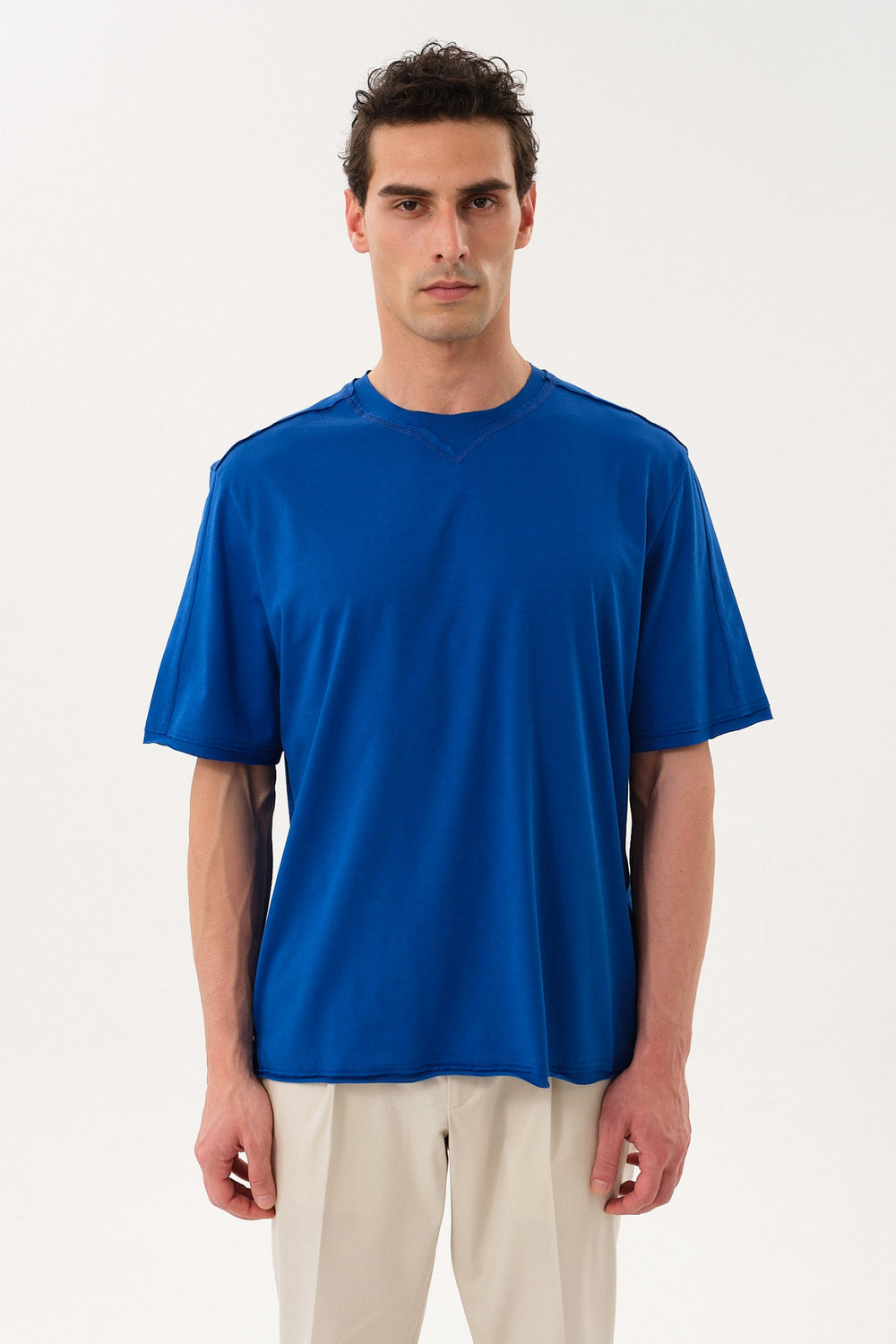 Pis Dikişli Erkek Oversize Bisiklet Yaka T-shirt - Sax