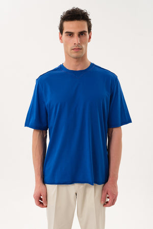 Pis Dikişli Erkek Oversize Bisiklet Yaka T-shirt - Sax