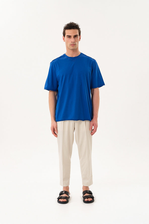 Pis Dikişli Erkek Oversize Bisiklet Yaka T-shirt - Sax