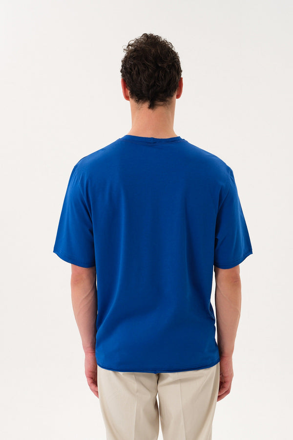 Pis Dikişli Erkek Oversize Bisiklet Yaka T-shirt - Sax