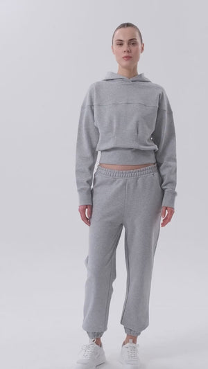 Sportempt İmza Baskılı Panel Detaylı Crop Kadın Hoodie - Açık Gri