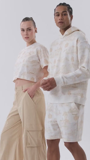 Pastoral Desen Baskılı Kadın Bisiklet Yaka Crop T-shirt - Ekru