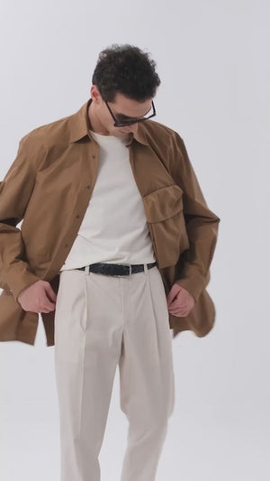 Teknik Kumaşlı Erkek Oversize Dış Gömlek - Camel