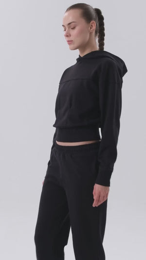 Sportempt İmza Baskılı Panel Detaylı Crop Kadın Hoodie - Siyah