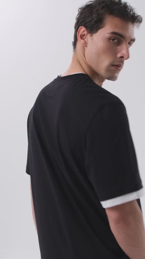 Çift Kat Kol ve Etek Uçlu Erkek Oversize Bisiklet Yaka T-shirt - Siyah