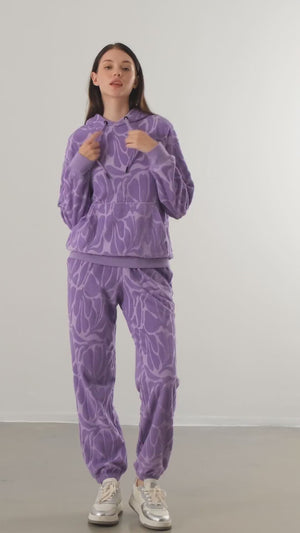 Kapüşonlu Jakarlı Havlu Kadın Hoodie - Lila
